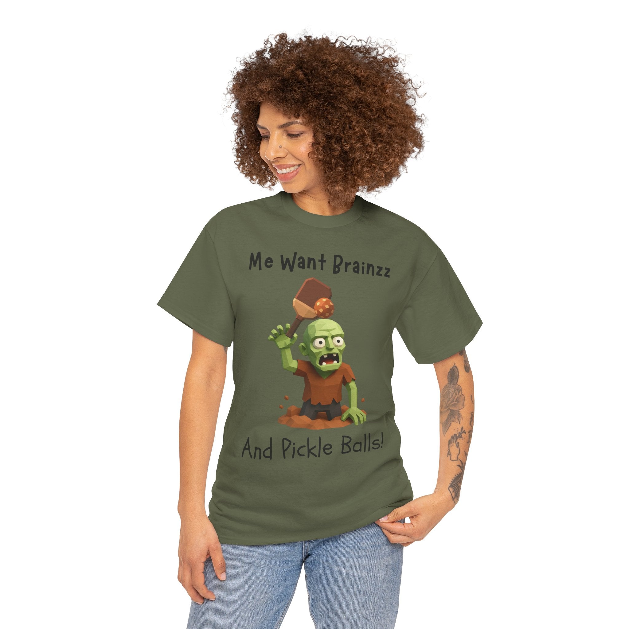 Zombie Graphic Tee — "Me Want Brainzz and Pickle Balls!" Funny Halloween T‑Shirt