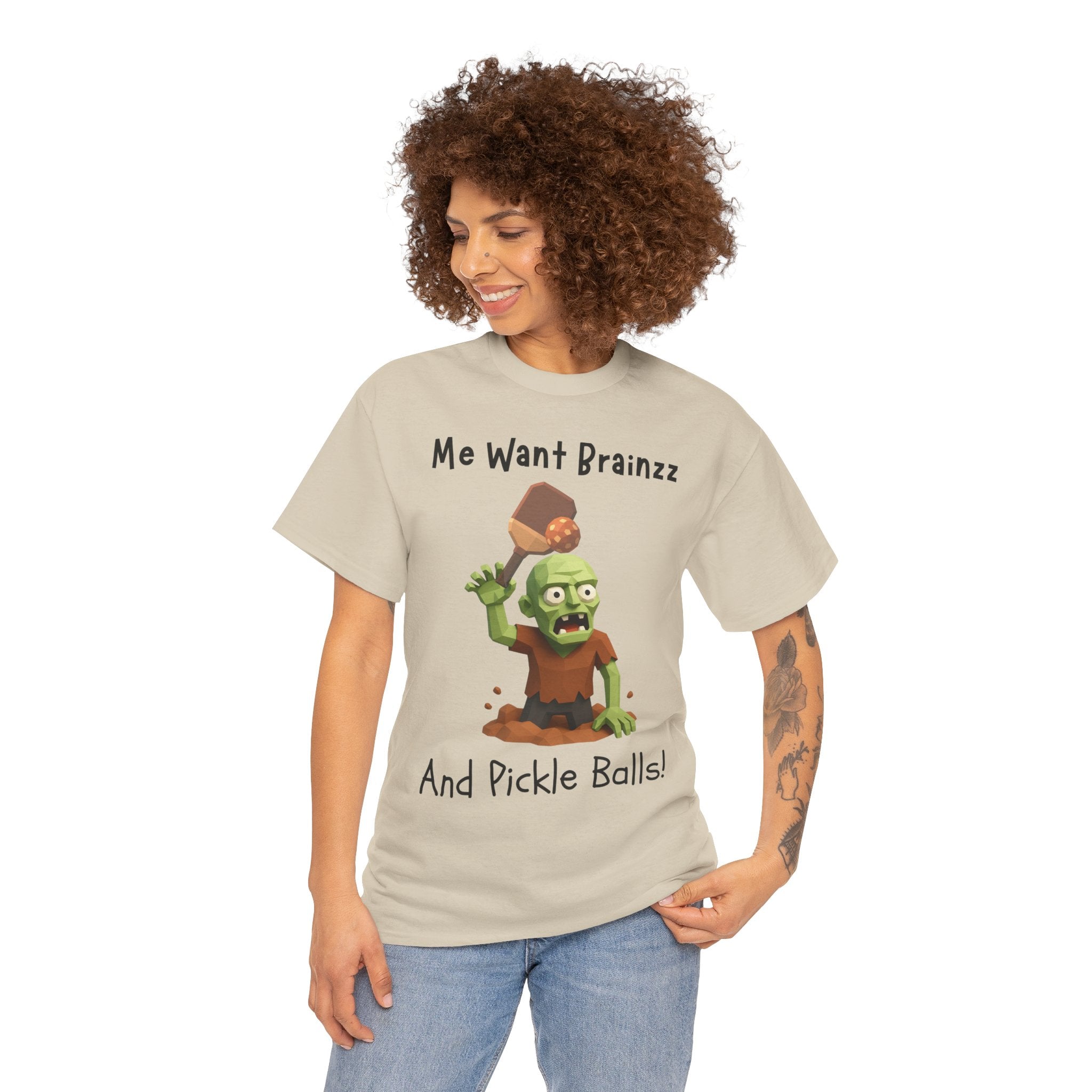 Zombie Graphic Tee — "Me Want Brainzz and Pickle Balls!" Funny Halloween T‑Shirt