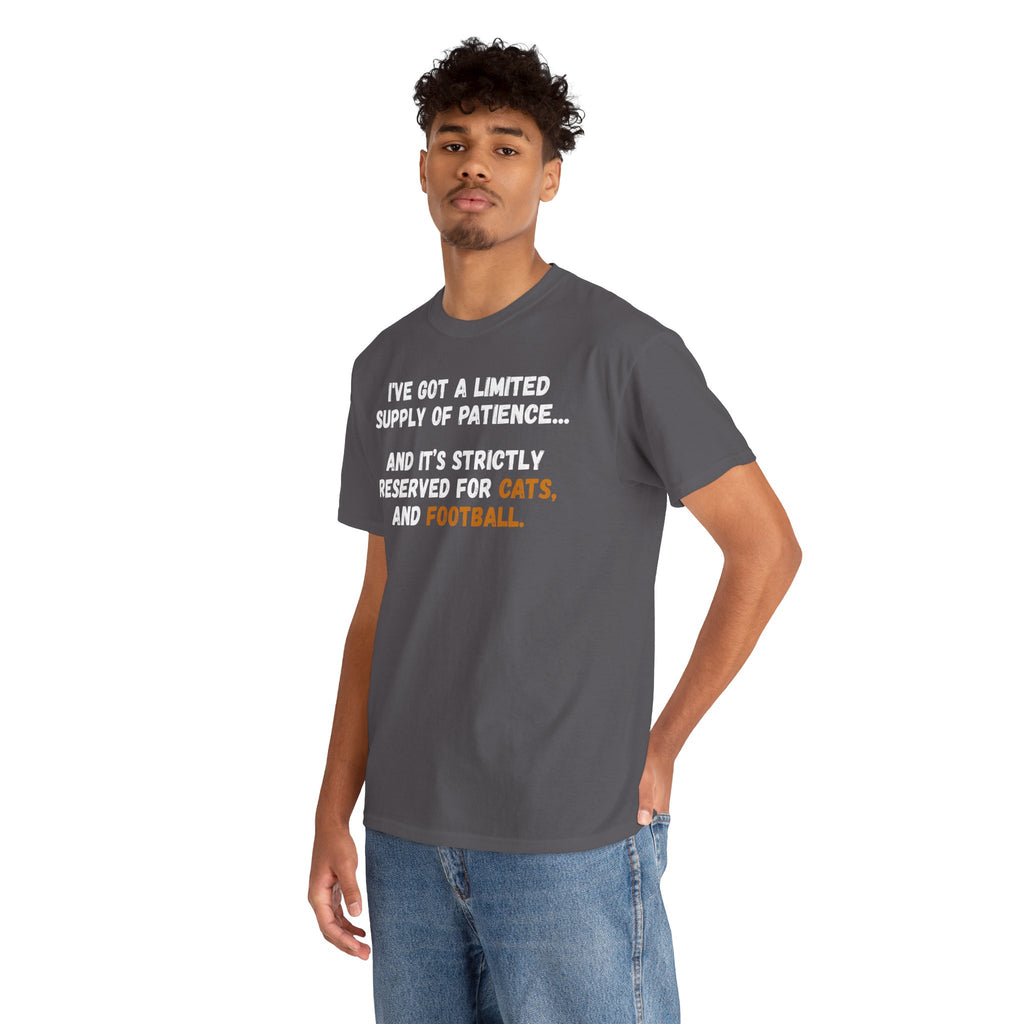 Limited Patience Tee — "Reserved for Cats and Football" Graphic Shirt