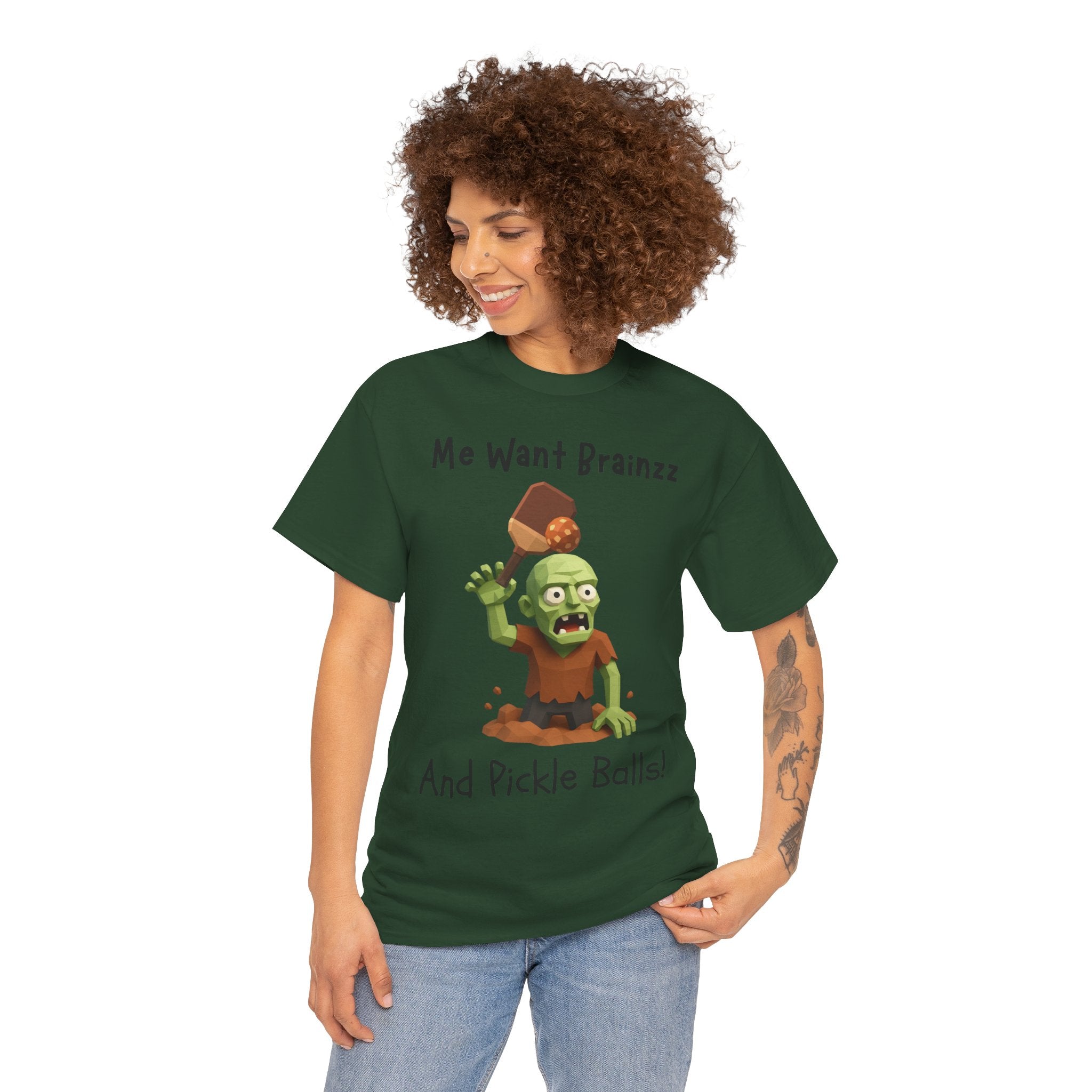 Zombie Graphic Tee — "Me Want Brainzz and Pickle Balls!" Funny Halloween T‑Shirt